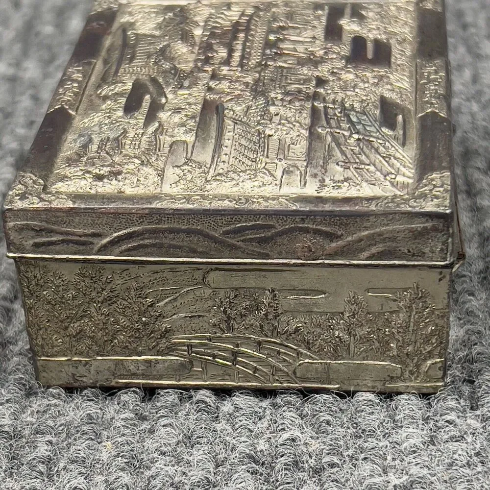 Vintage Trinket Vanity Box Wooden Lined Inside Silvertone Detailed 4x3 Japan‎